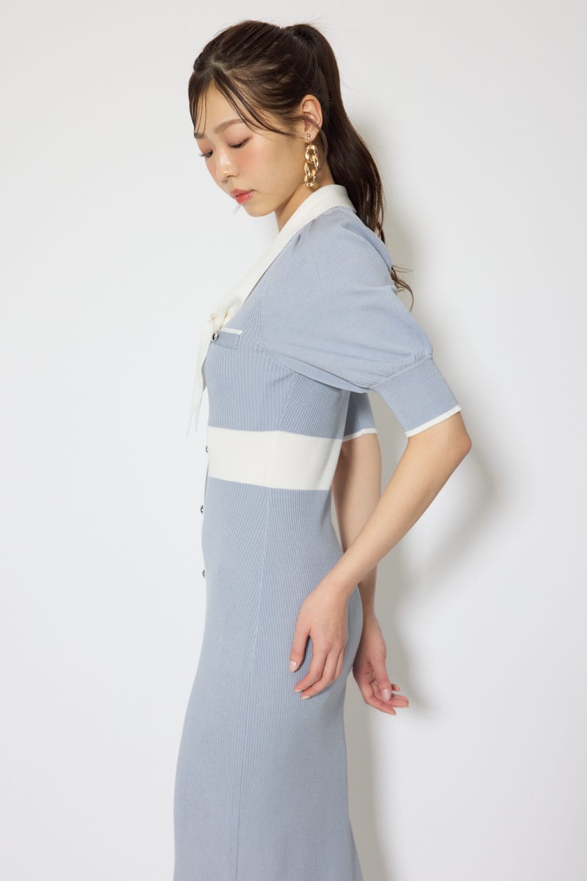 【森香澄さん着用】バイカラーパフスリーブタイトニットワンピース BLU FREE