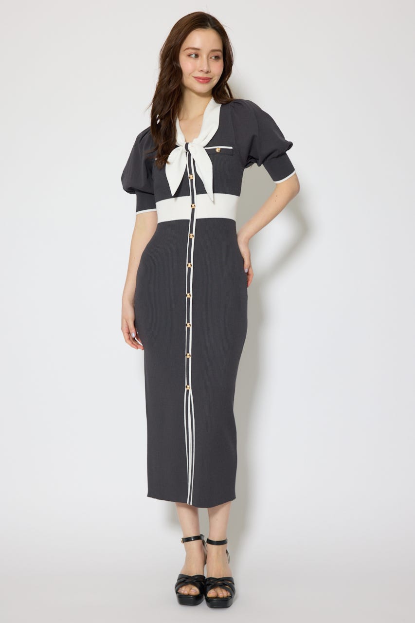 【森香澄さん着用】バイカラーパフスリーブタイトニットワンピース L/BLK FREE