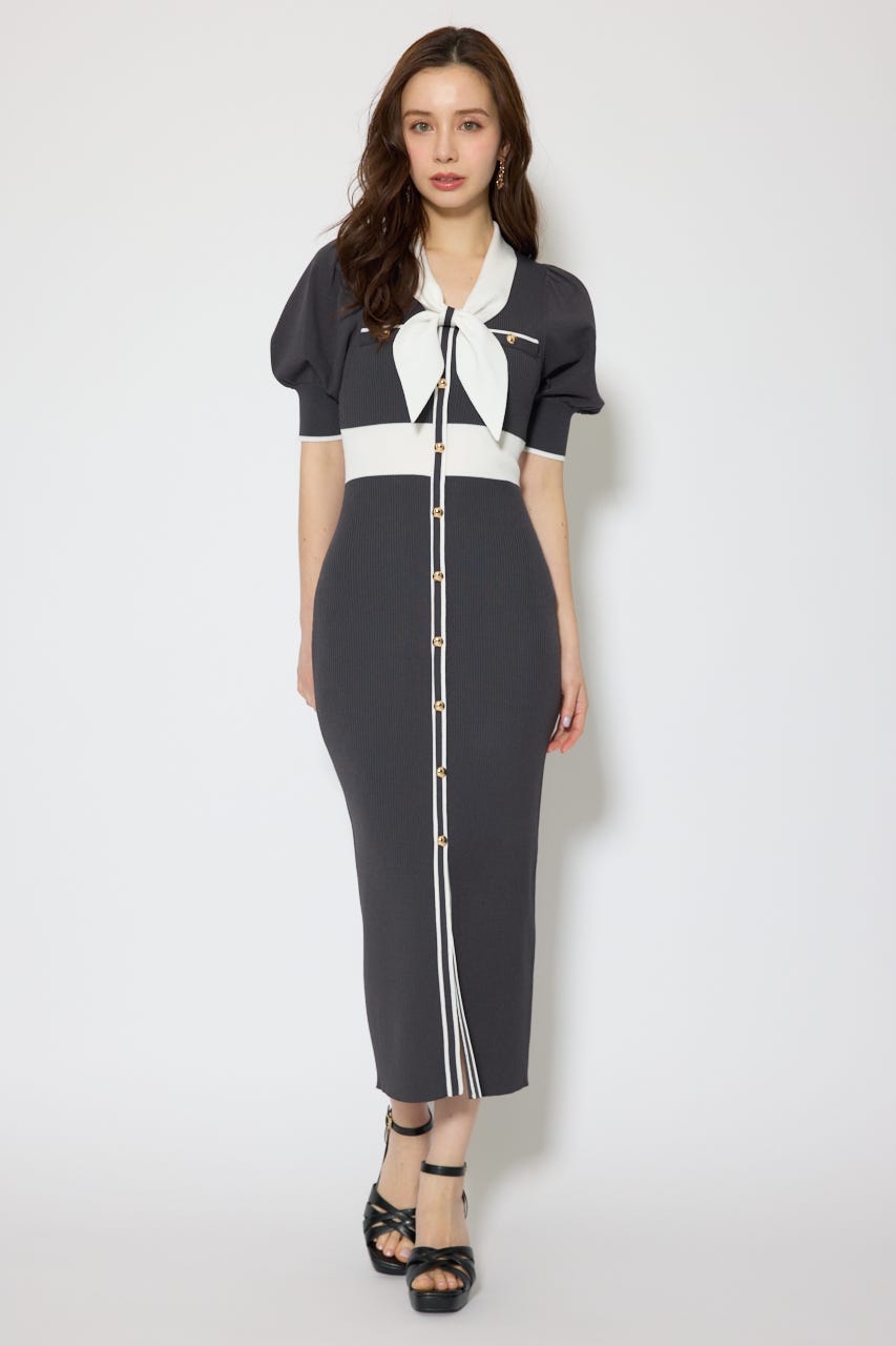 【森香澄さん着用】バイカラーパフスリーブタイトニットワンピース L/BLK FREE