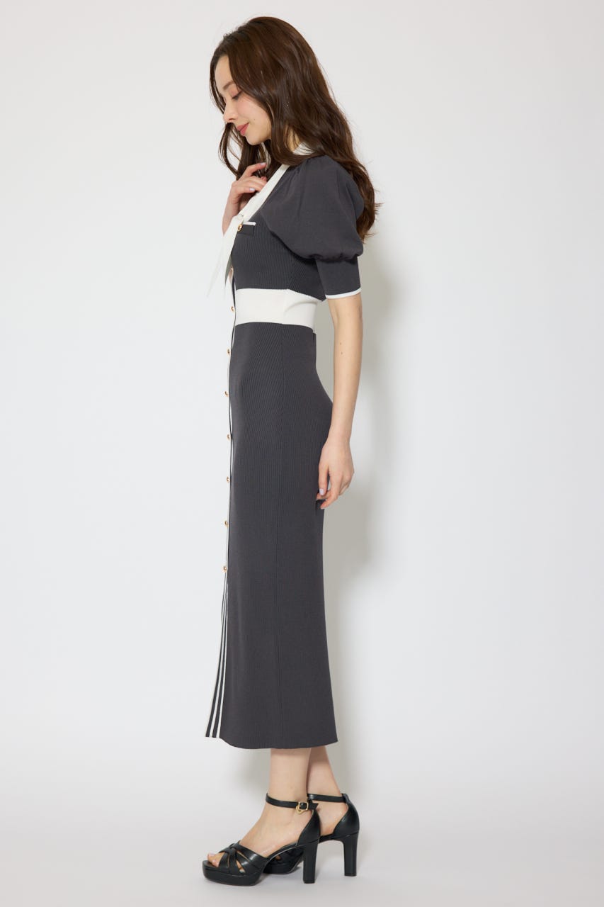 【森香澄さん着用】バイカラーパフスリーブタイトニットワンピース L/BLK FREE