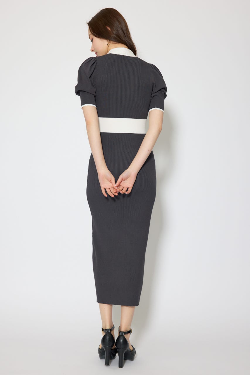 【森香澄さん着用】バイカラーパフスリーブタイトニットワンピース L/BLK FREE
