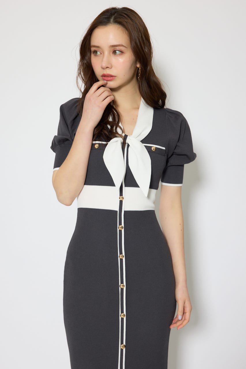 【森香澄さん着用】バイカラーパフスリーブタイトニットワンピース L/BLK FREE