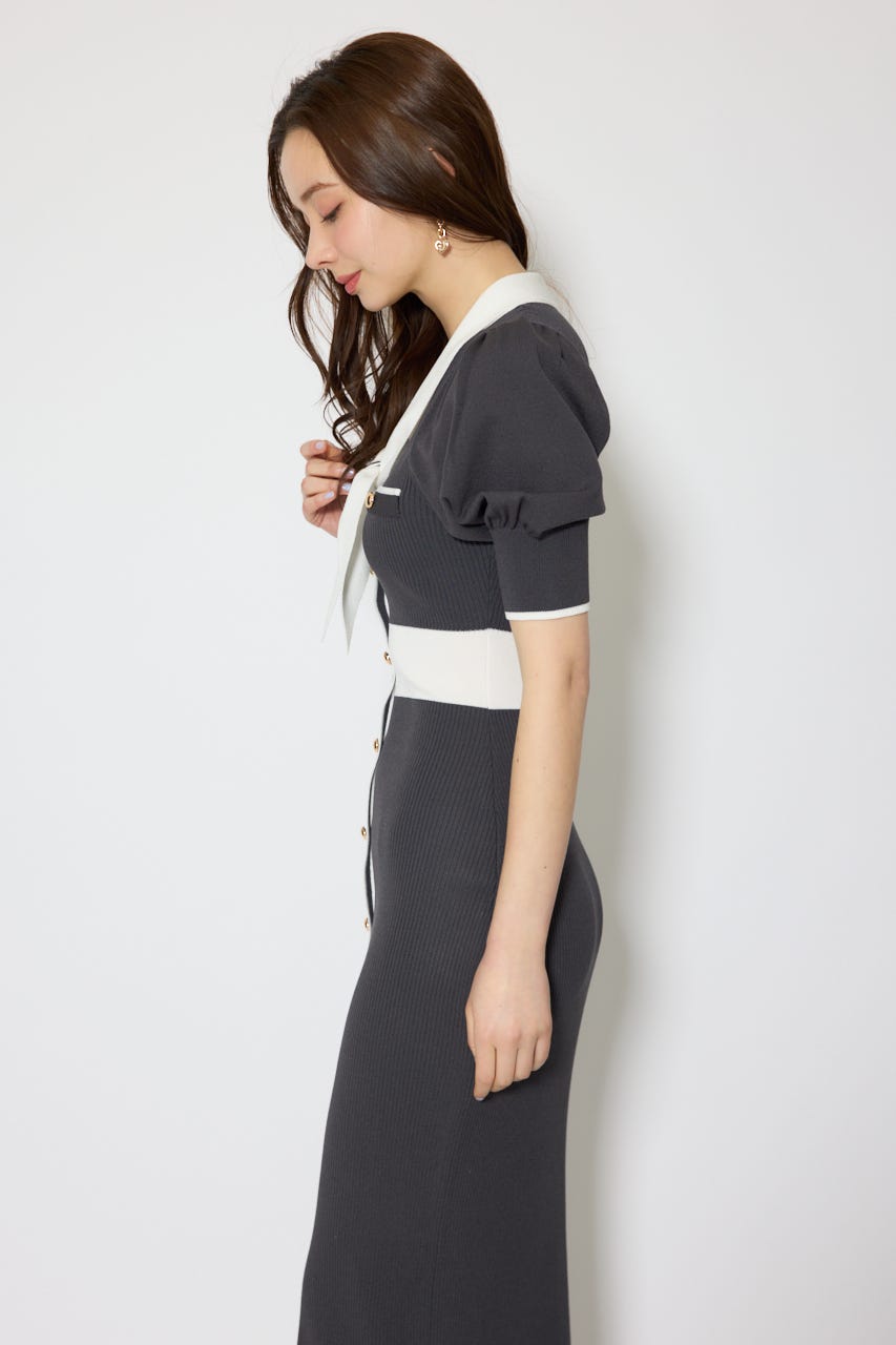 【森香澄さん着用】バイカラーパフスリーブタイトニットワンピース L/BLK FREE