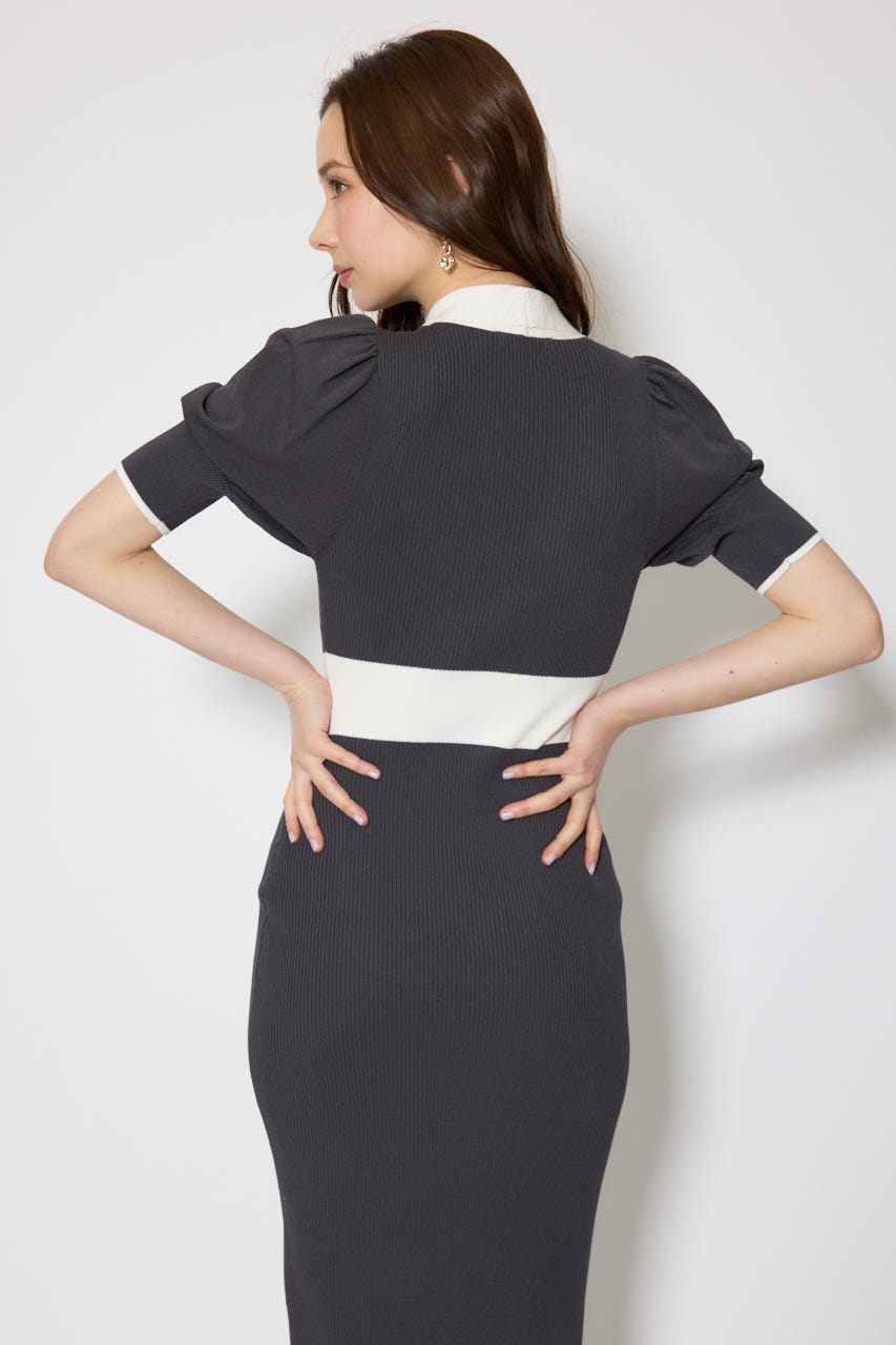 【森香澄さん着用】バイカラーパフスリーブタイトニットワンピース L/BLK FREE