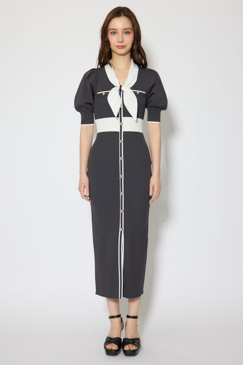 【森香澄さん着用】バイカラーパフスリーブタイトニットワンピース L/BLK FREE