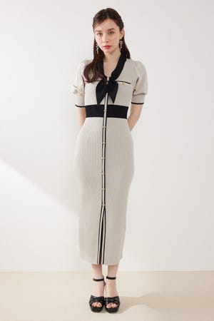 【森香澄さん着用】バイカラーパフスリーブタイトニットワンピース