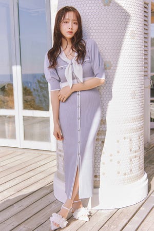 【森香澄さん着用】バイカラーパフスリーブタイトニットワンピース