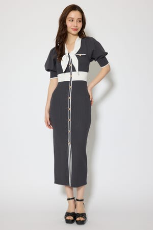 【森香澄さん着用】バイカラーパフスリーブタイトニットワンピース