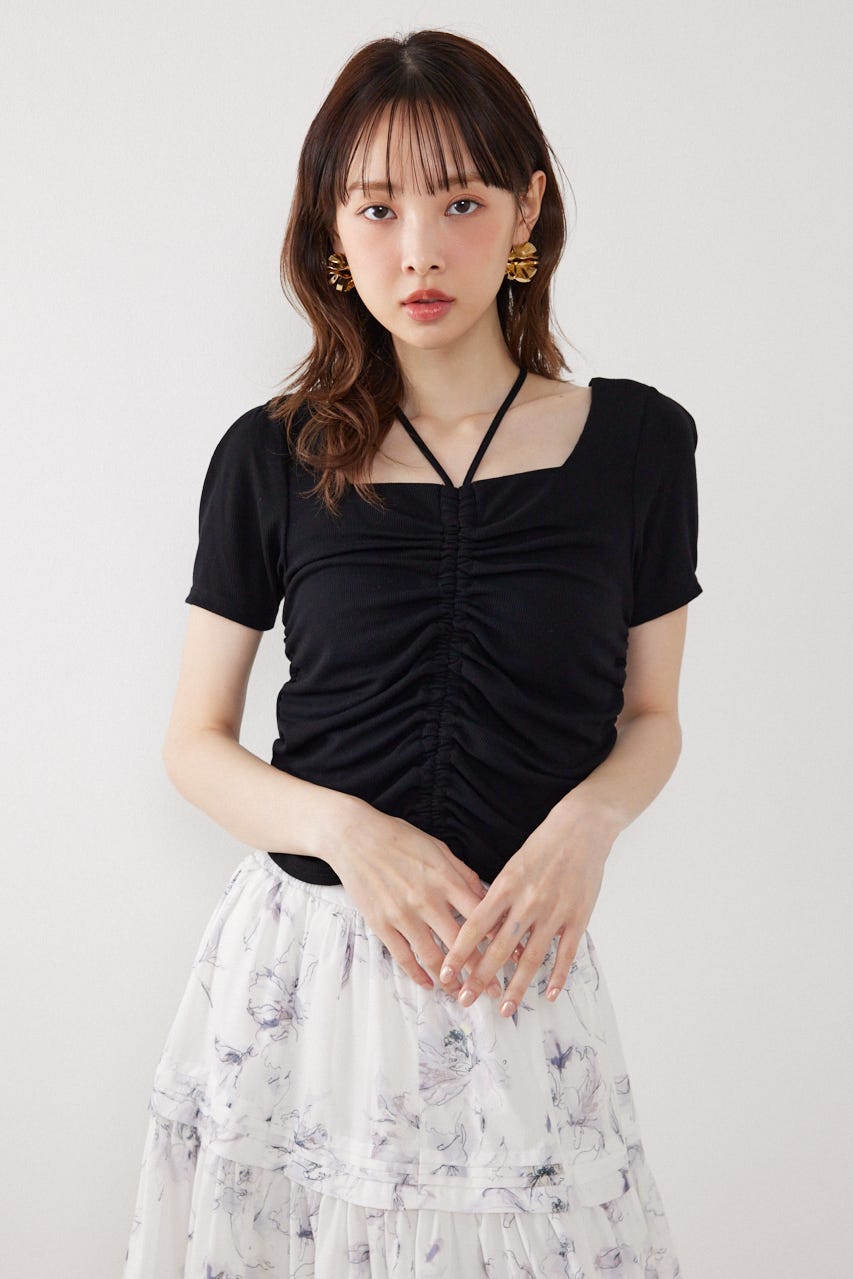 フロントギャザーカットトップス BLK FREE