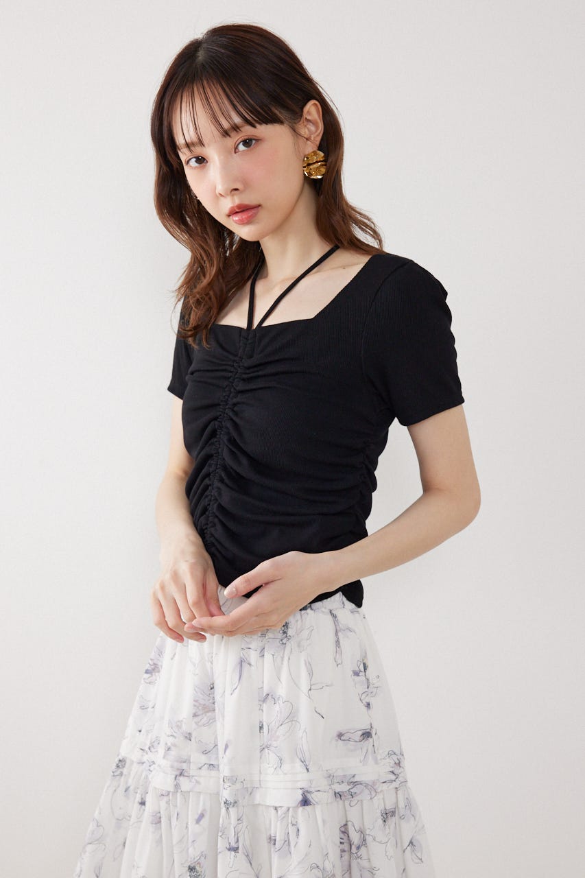 フロントギャザーカットトップス BLK FREE