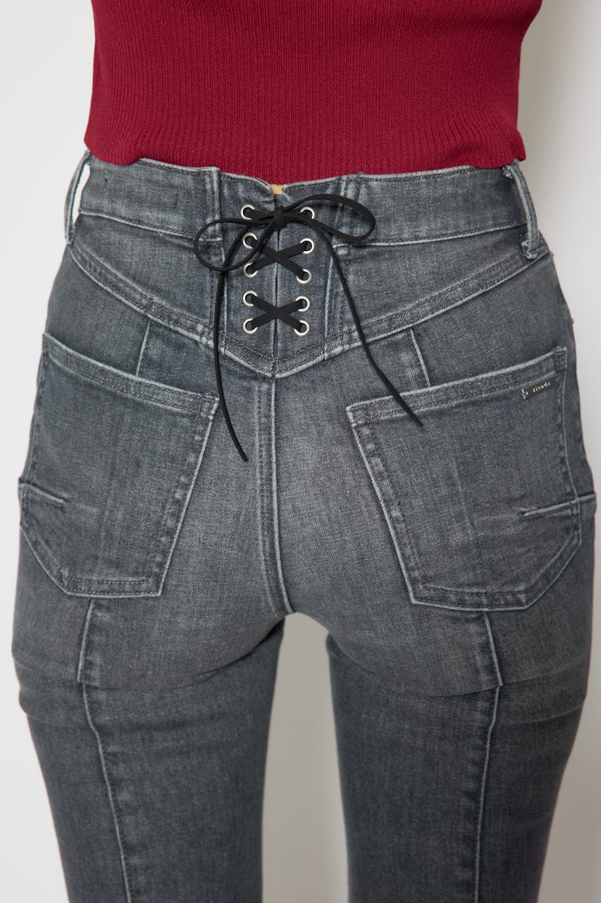 レースアップハイウエストデニムパンツ BLK M