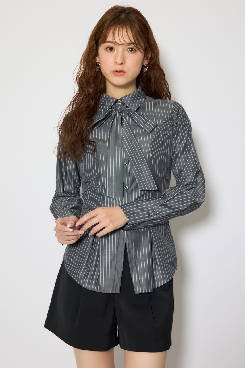 ウエストシェイプボウタイシャツ 柄BLK FREE