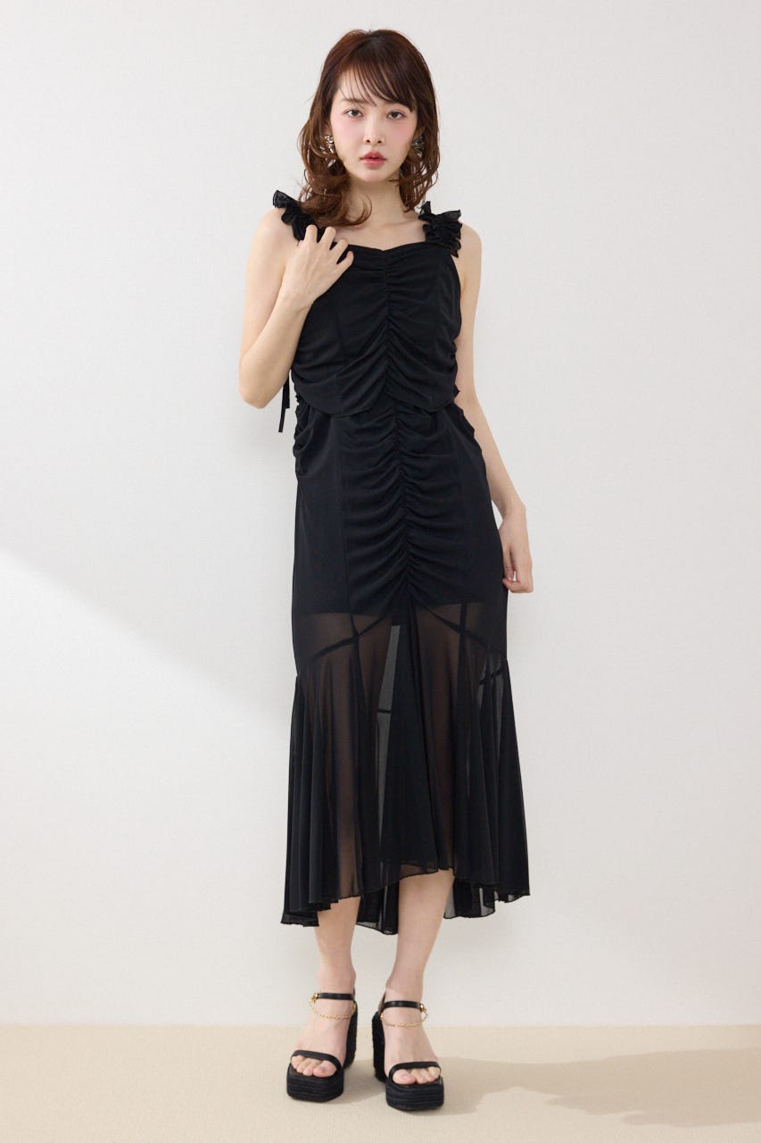 メッシュマーメイドギャザーワンピース BLK FREE