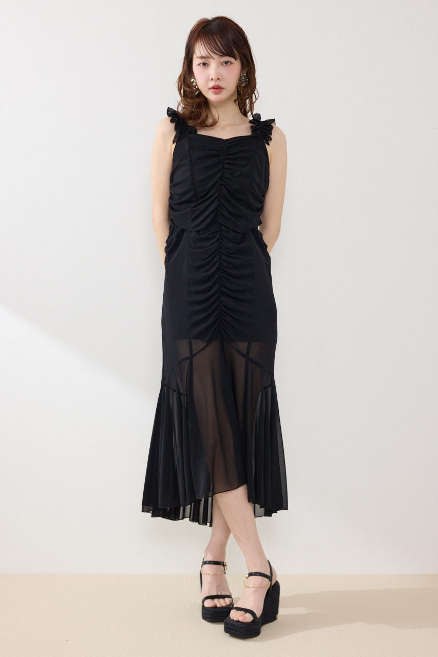 メッシュマーメイドギャザーワンピース BLK FREE