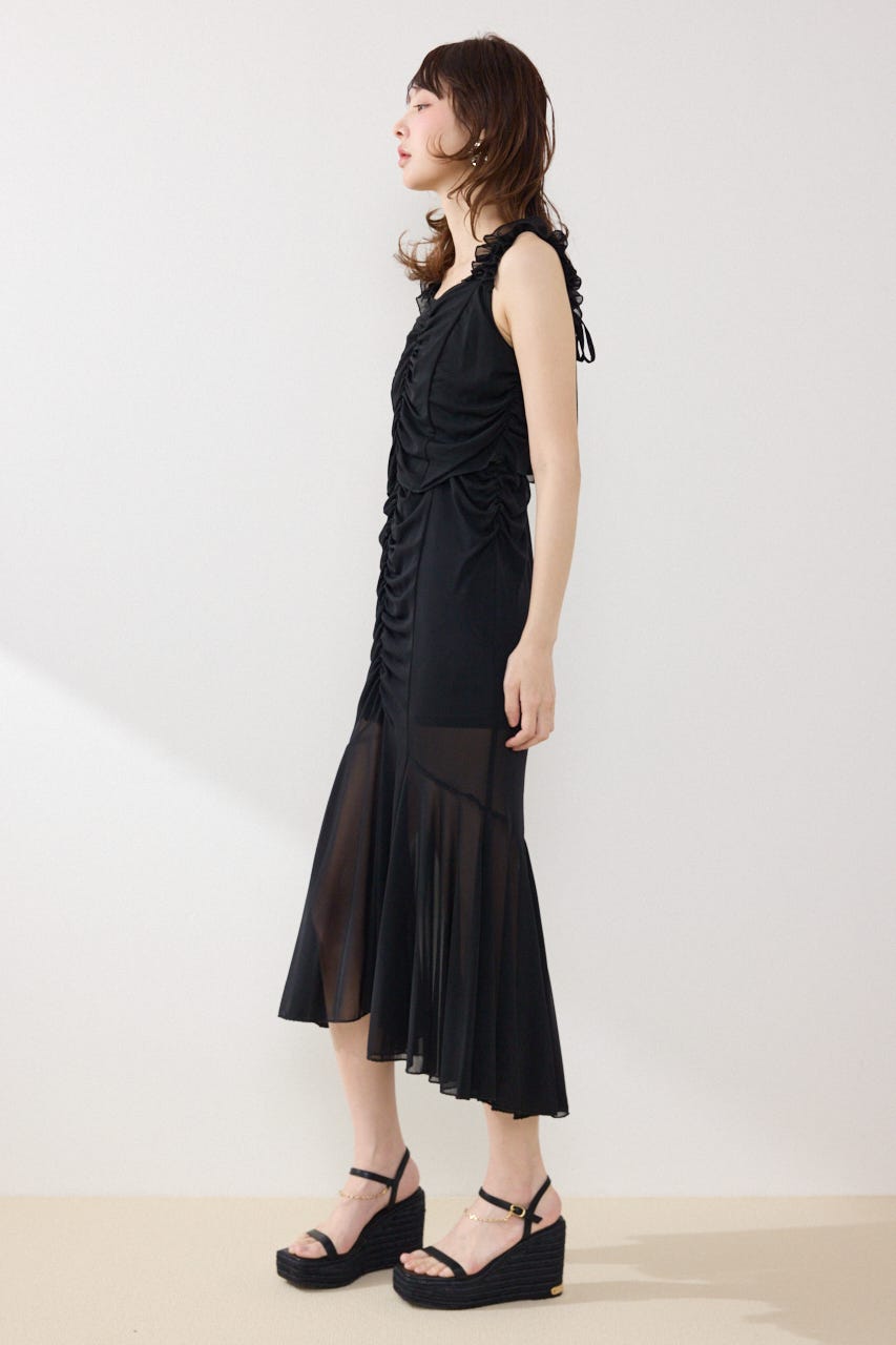 メッシュマーメイドギャザーワンピース BLK FREE