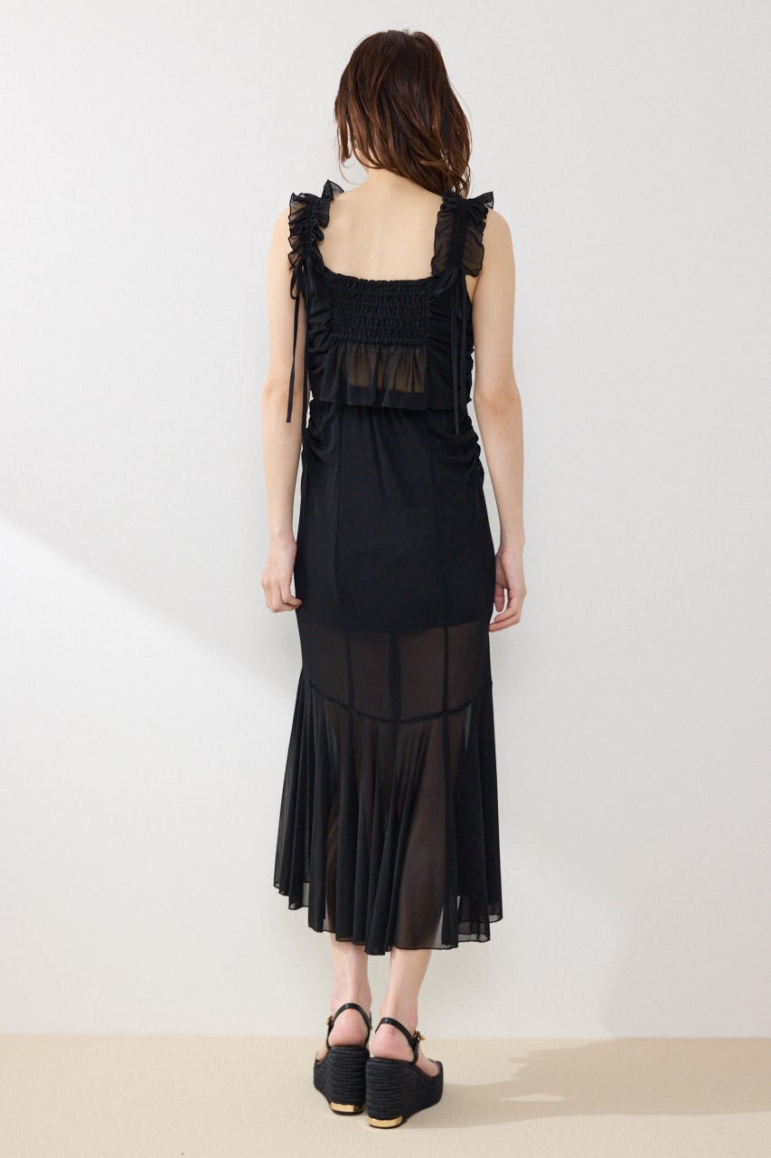 メッシュマーメイドギャザーワンピース BLK FREE