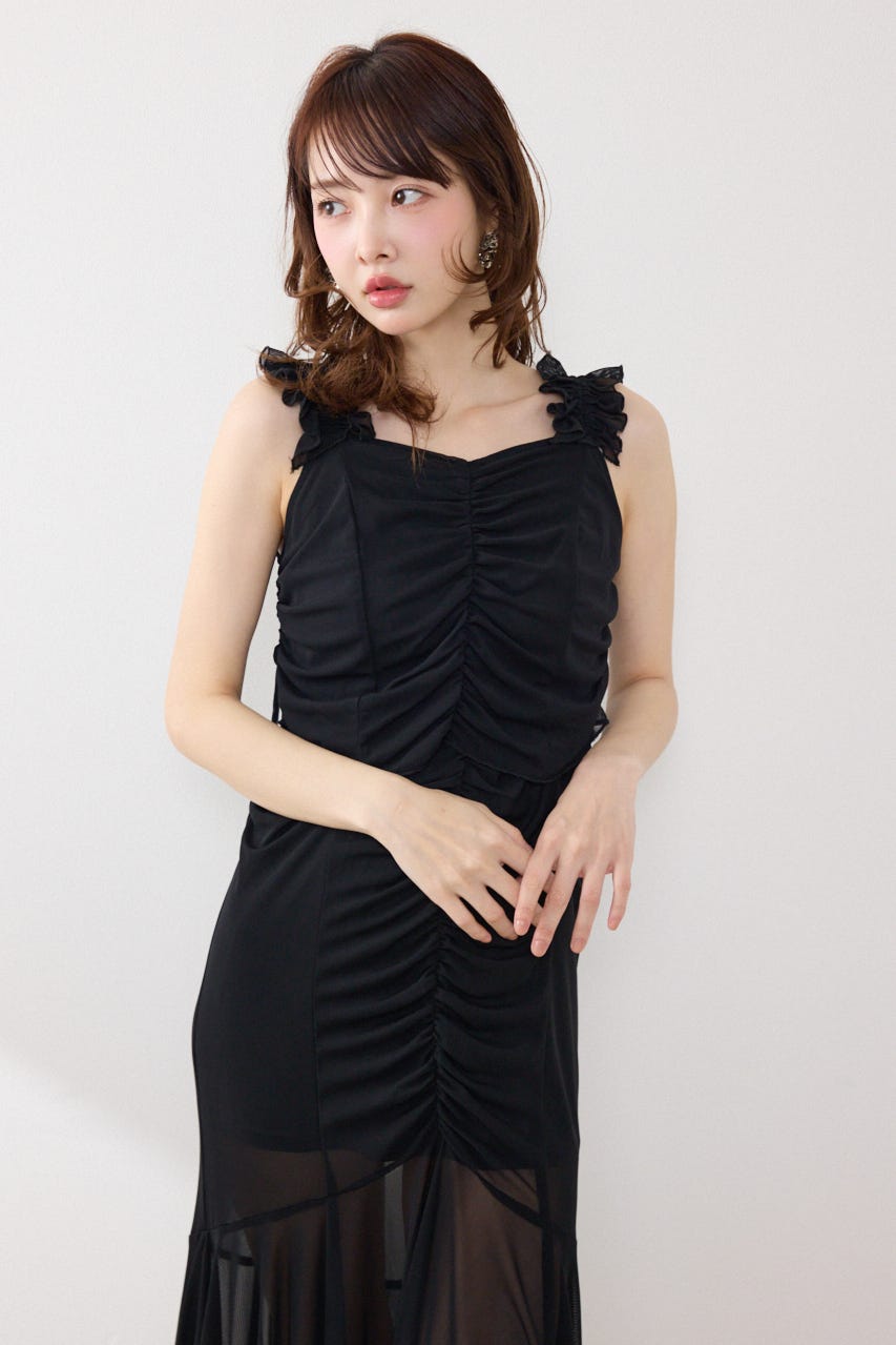 メッシュマーメイドギャザーワンピース BLK FREE