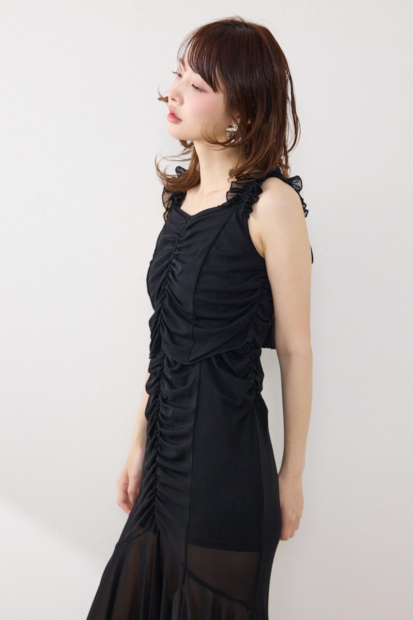 メッシュマーメイドギャザーワンピース BLK FREE
