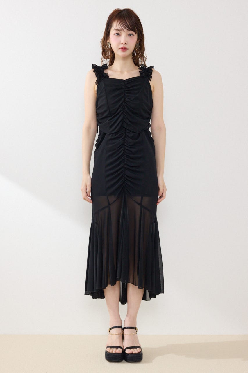 メッシュマーメイドギャザーワンピース BLK FREE