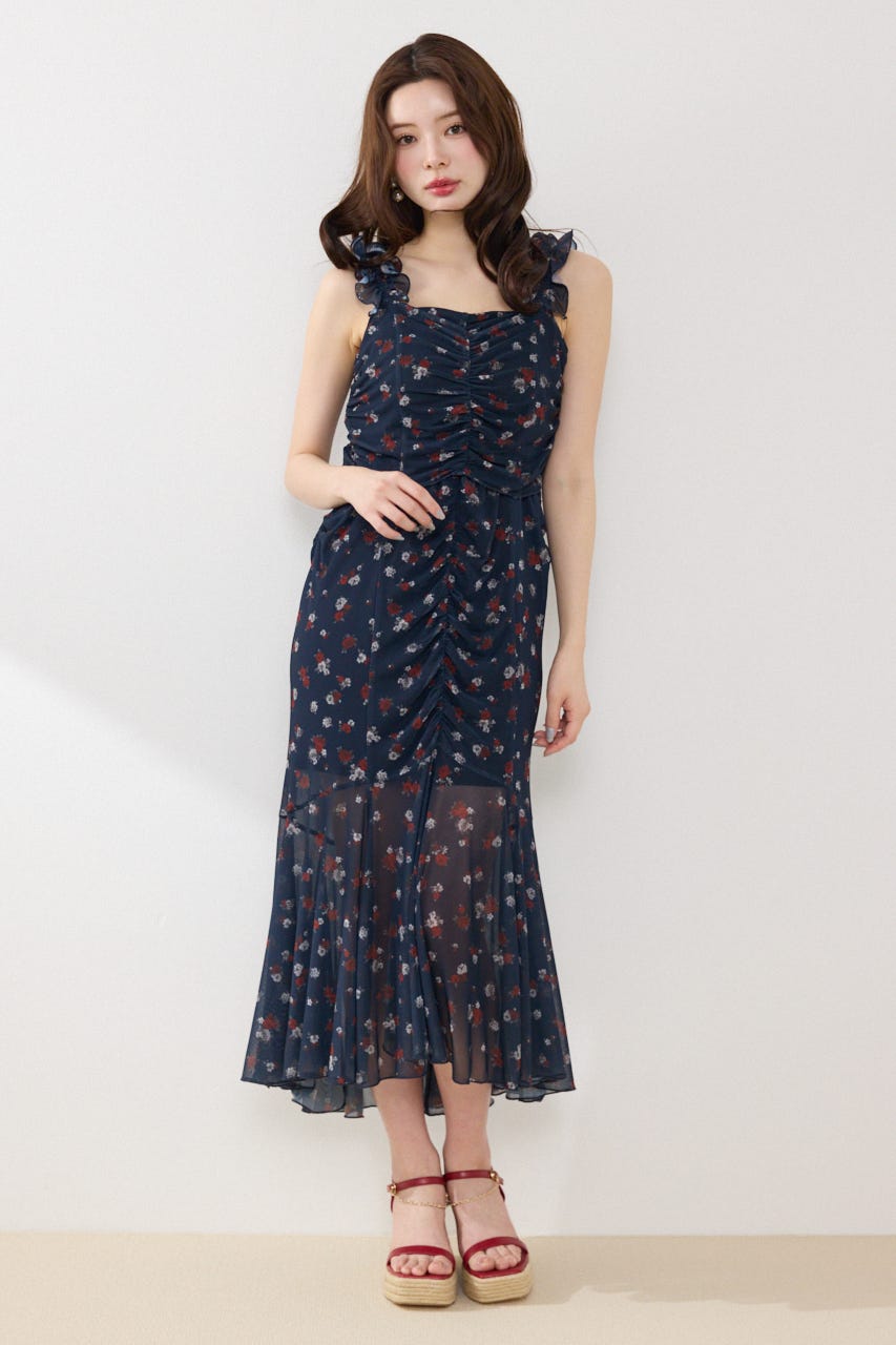 メッシュマーメイドギャザーワンピース 柄NVY FREE