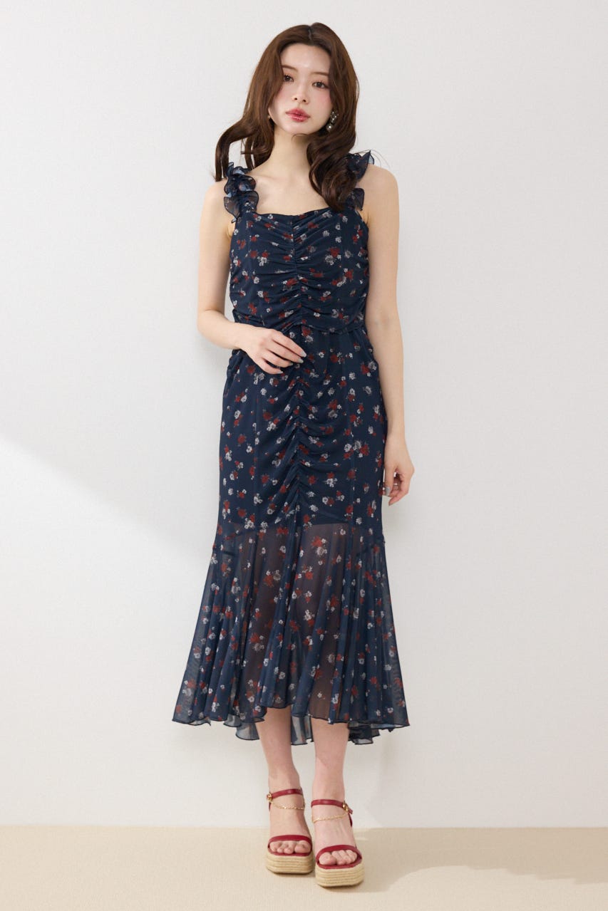 メッシュマーメイドギャザーワンピース 柄NVY FREE