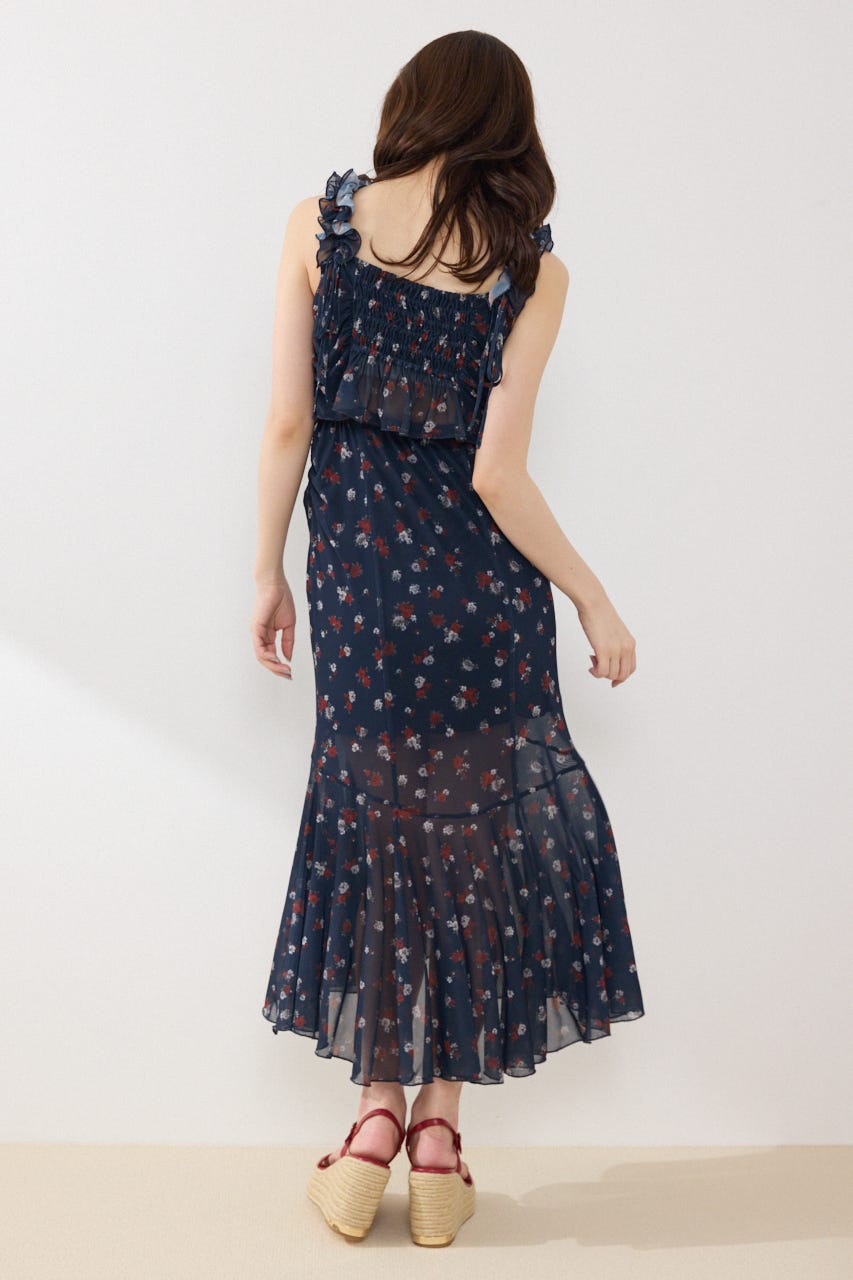 メッシュマーメイドギャザーワンピース 柄NVY FREE