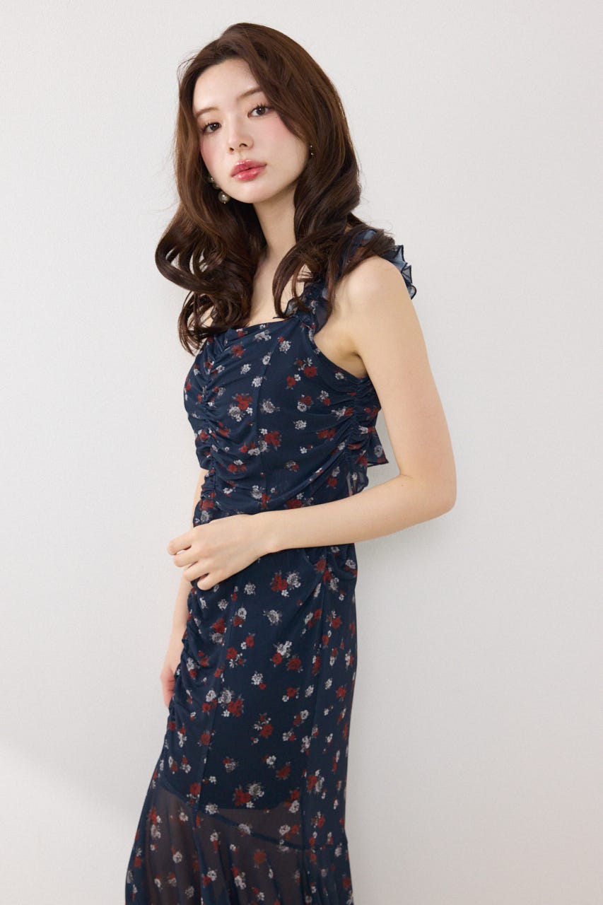 メッシュマーメイドギャザーワンピース 柄NVY FREE