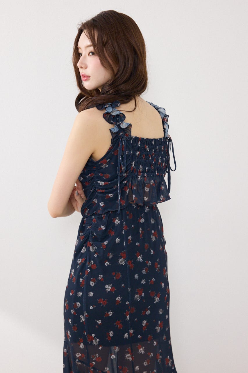 メッシュマーメイドギャザーワンピース 柄NVY FREE