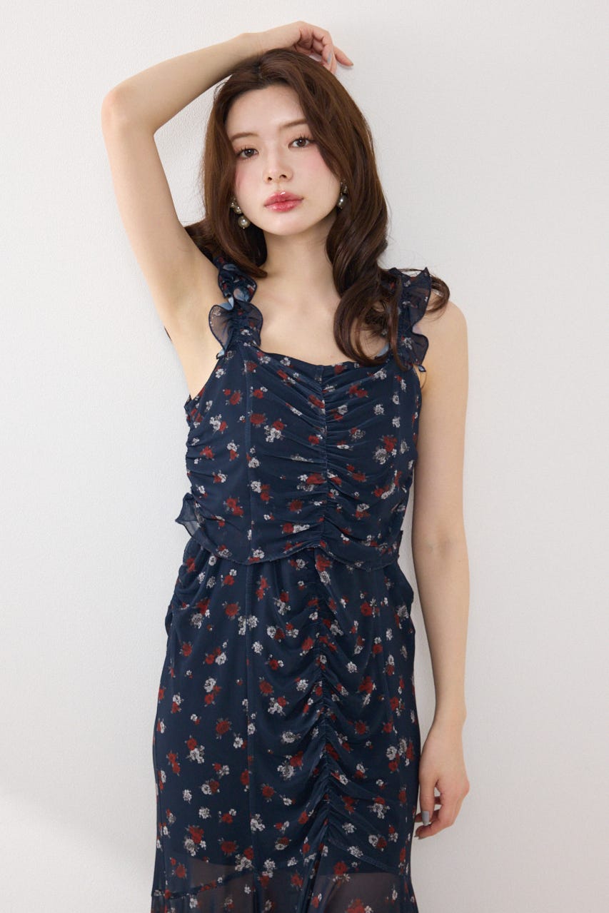 メッシュマーメイドギャザーワンピース 柄NVY FREE