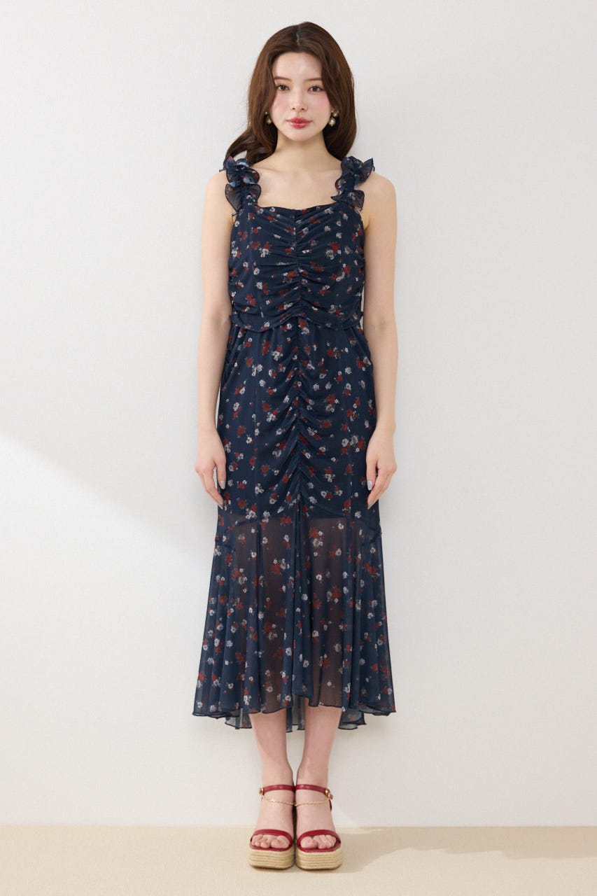 メッシュマーメイドギャザーワンピース 柄NVY FREE