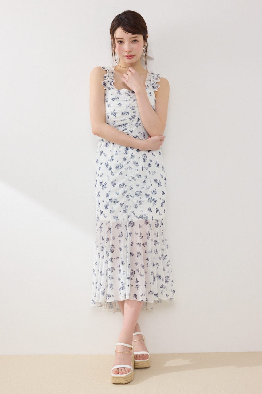 【GirlsAward着用アイテム】メッシュマーメイドギャザーワンピース 柄WHT FREE