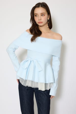 チュールレイヤードペプラムニットトップス