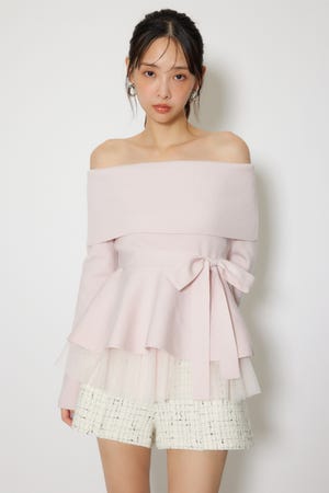 チュールレイヤードペプラムニットトップス