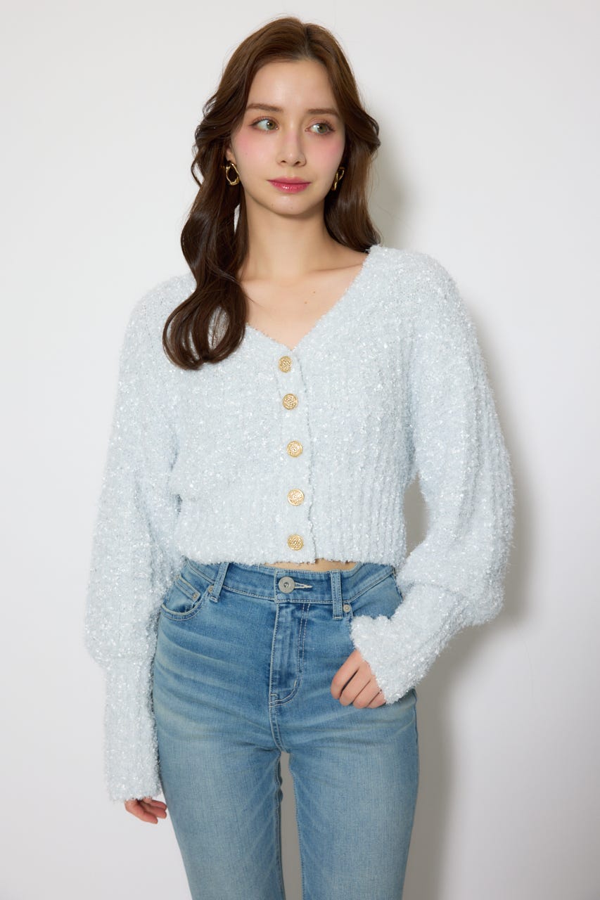 デザインボタンオフショルニットカーディガントップス L/BLU FREE