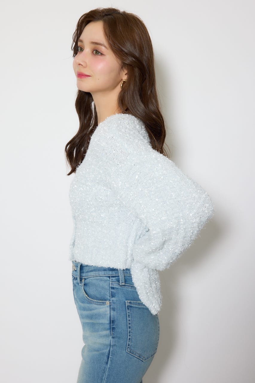 デザインボタンオフショルニットカーディガントップス L/BLU FREE