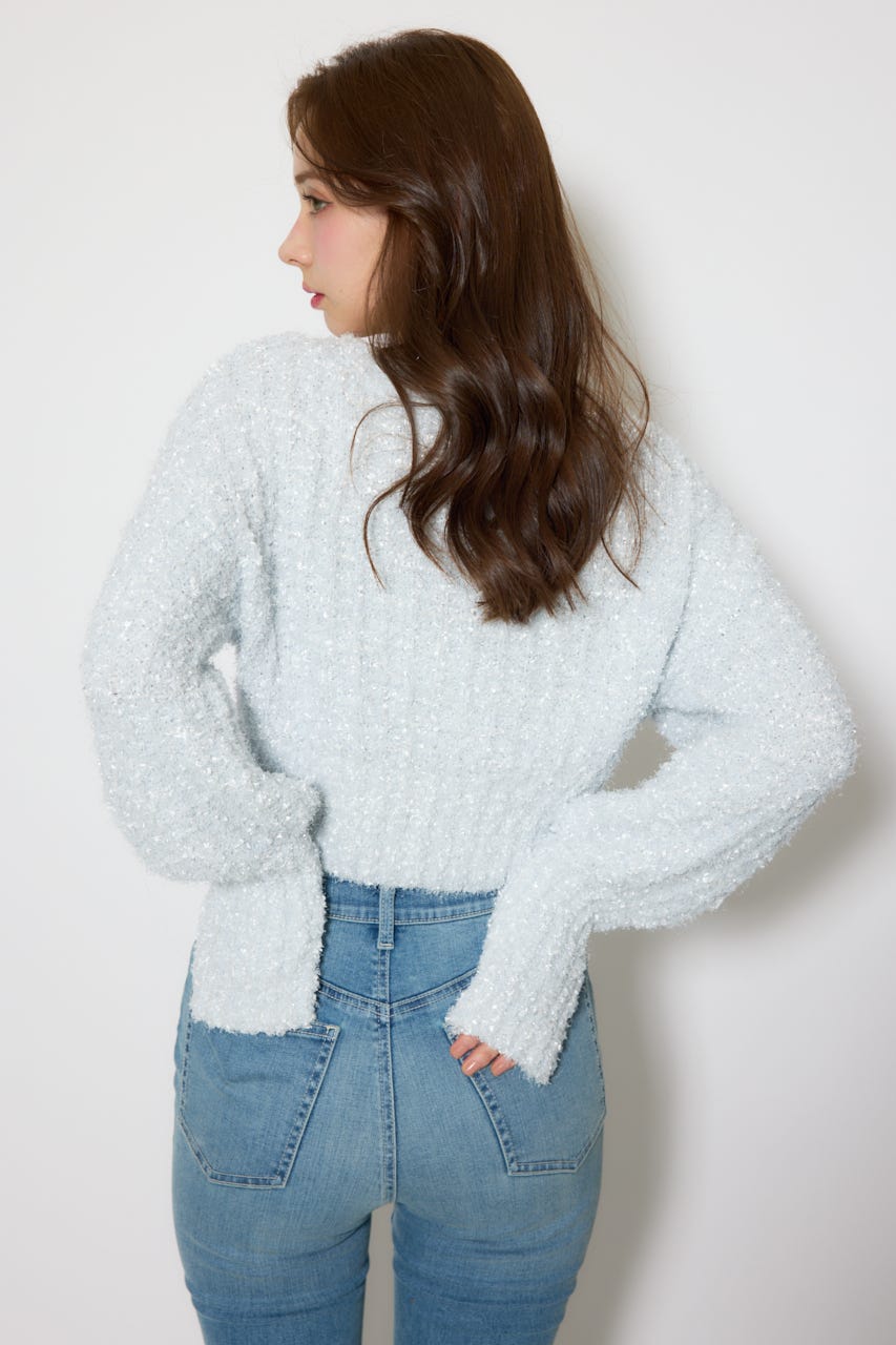 デザインボタンオフショルニットカーディガントップス L/BLU FREE