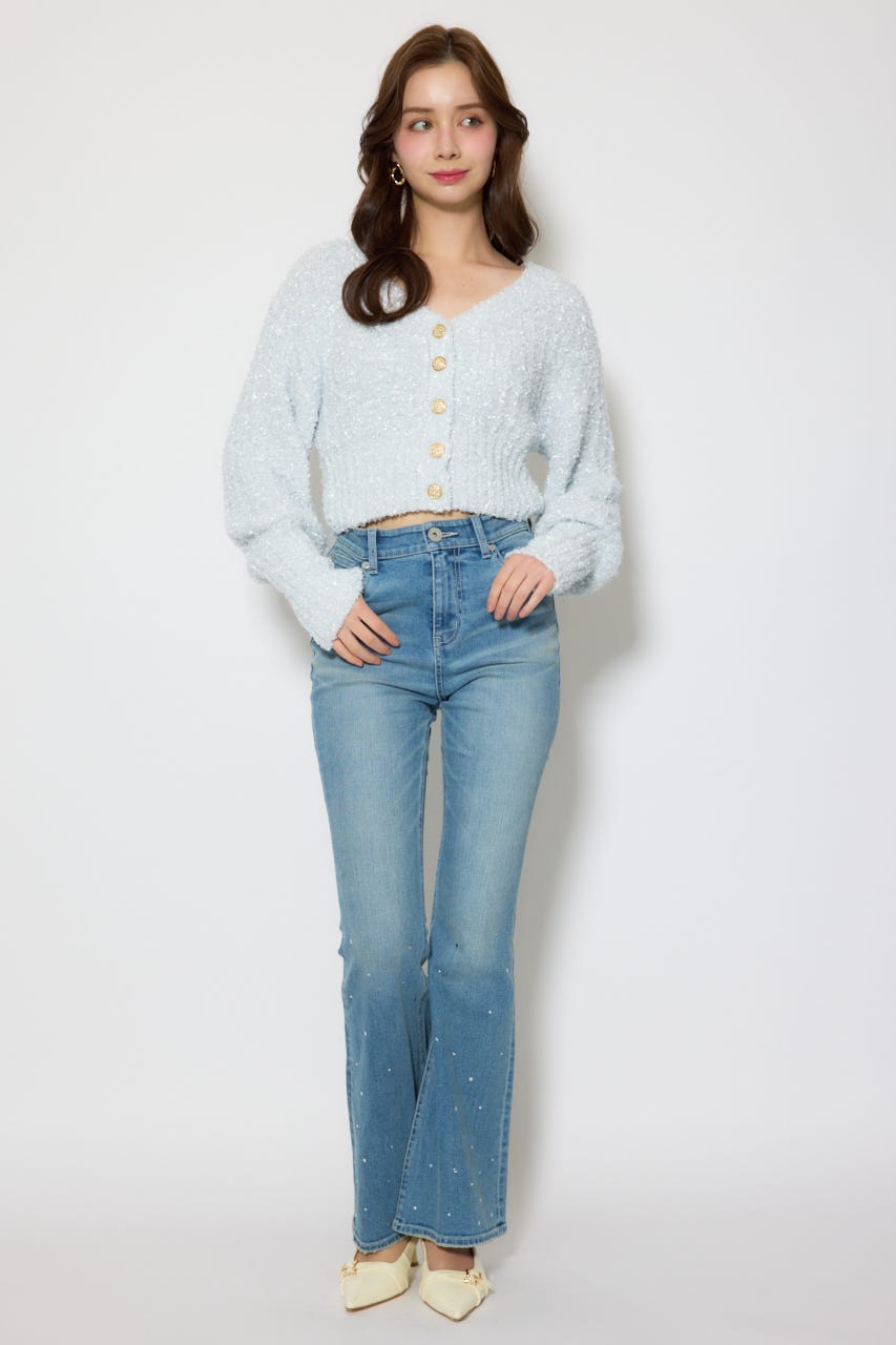 デザインボタンオフショルニットカーディガントップス L/BLU FREE