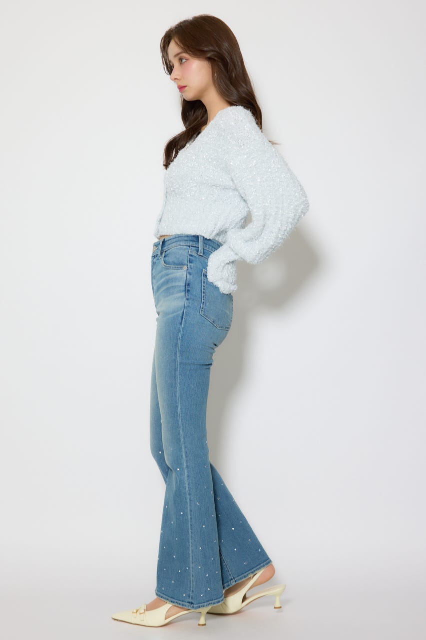 デザインボタンオフショルニットカーディガントップス L/BLU FREE