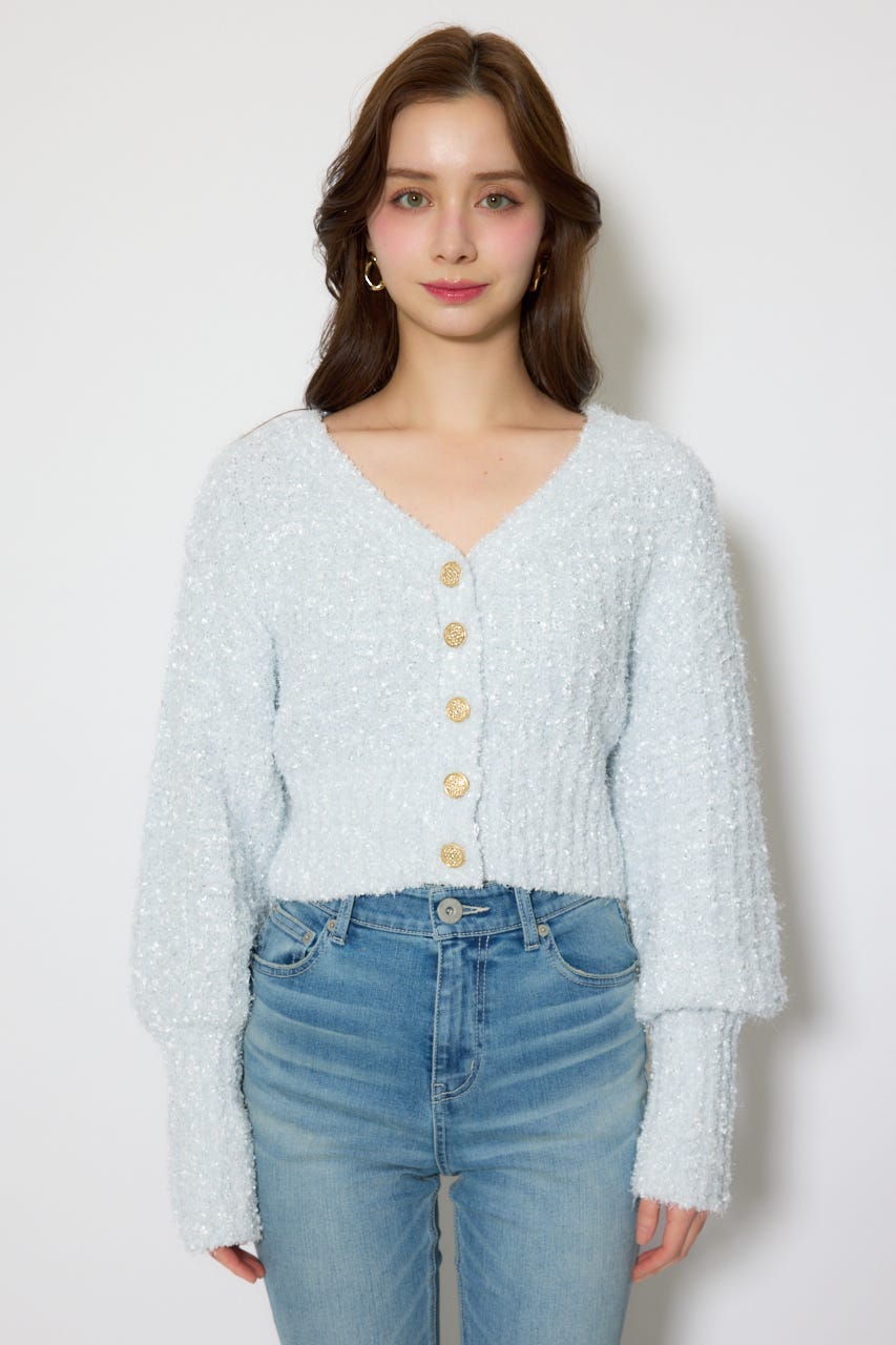 デザインボタンオフショルニットカーディガントップス L/BLU FREE