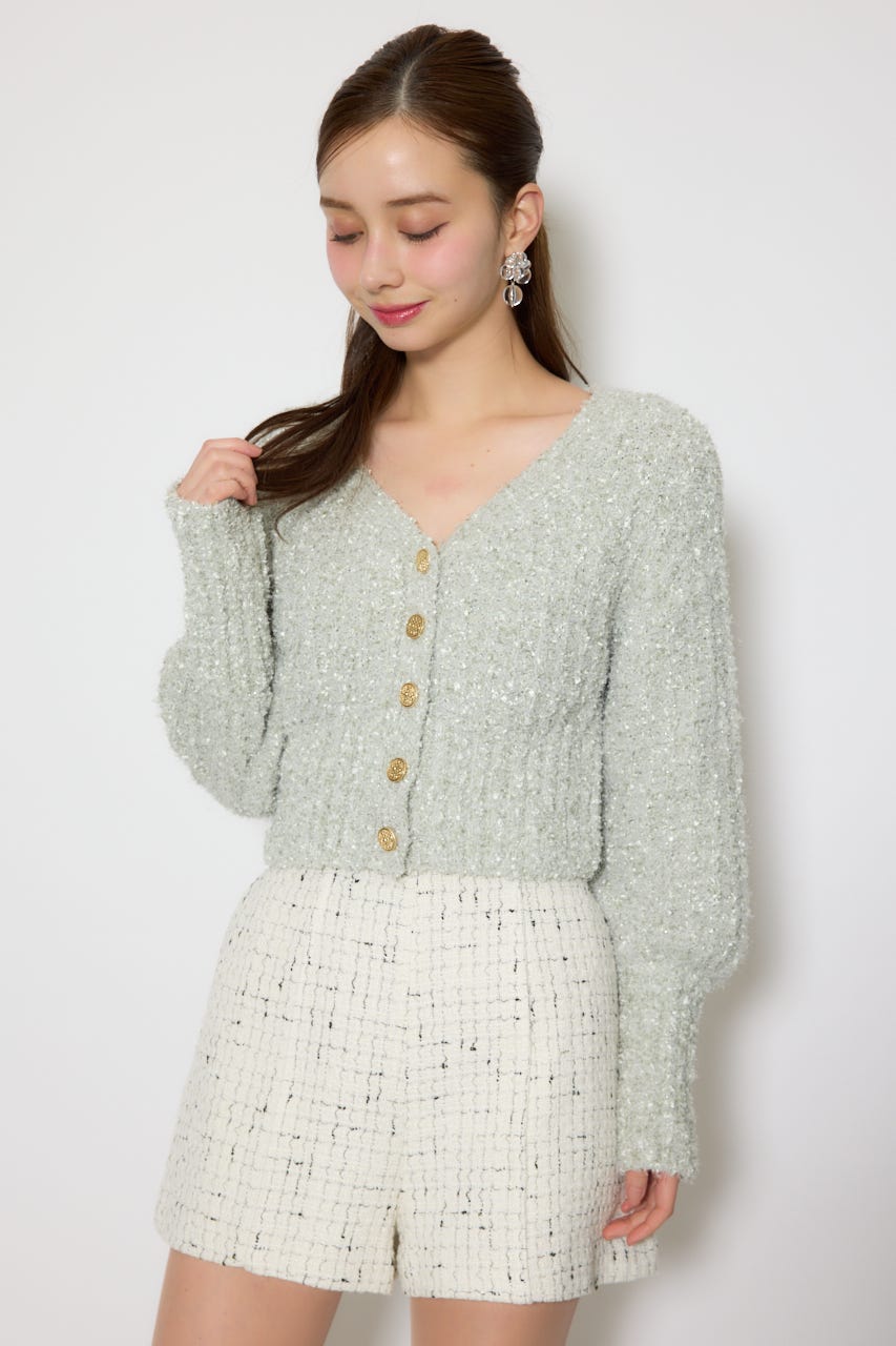 デザインボタンオフショルニットカーディガントップス L/GRN FREE