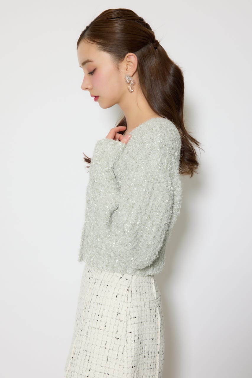 デザインボタンオフショルニットカーディガントップス L/GRN FREE