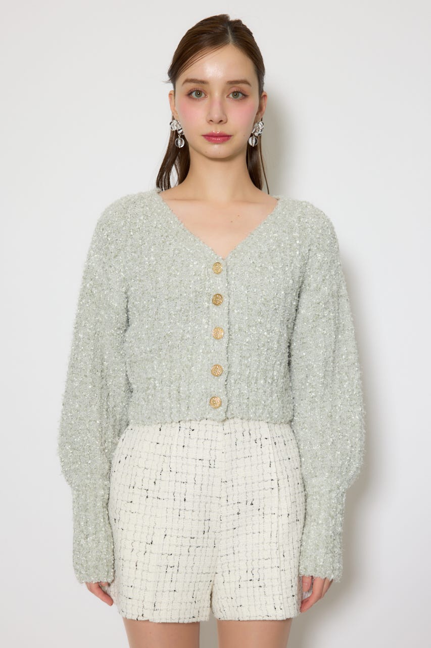 デザインボタンオフショルニットカーディガントップス L/GRN FREE