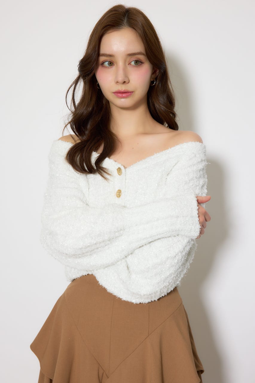 デザインボタンオフショルニットカーディガントップス WHT FREE