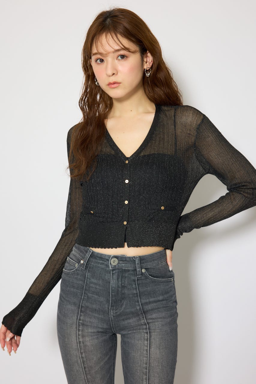 スカラップクロップドニットカーディガン BLK FREE