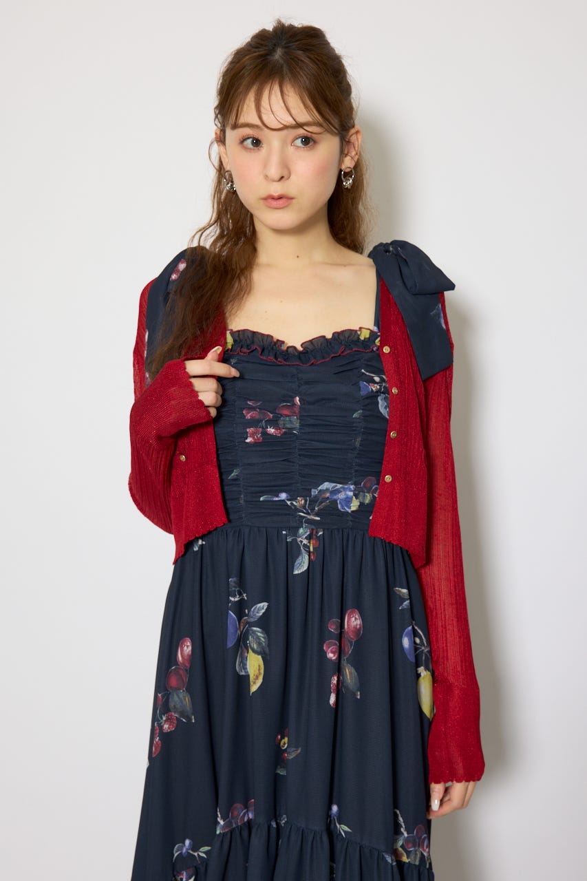 スカラップクロップドニットカーディガン RED FREE