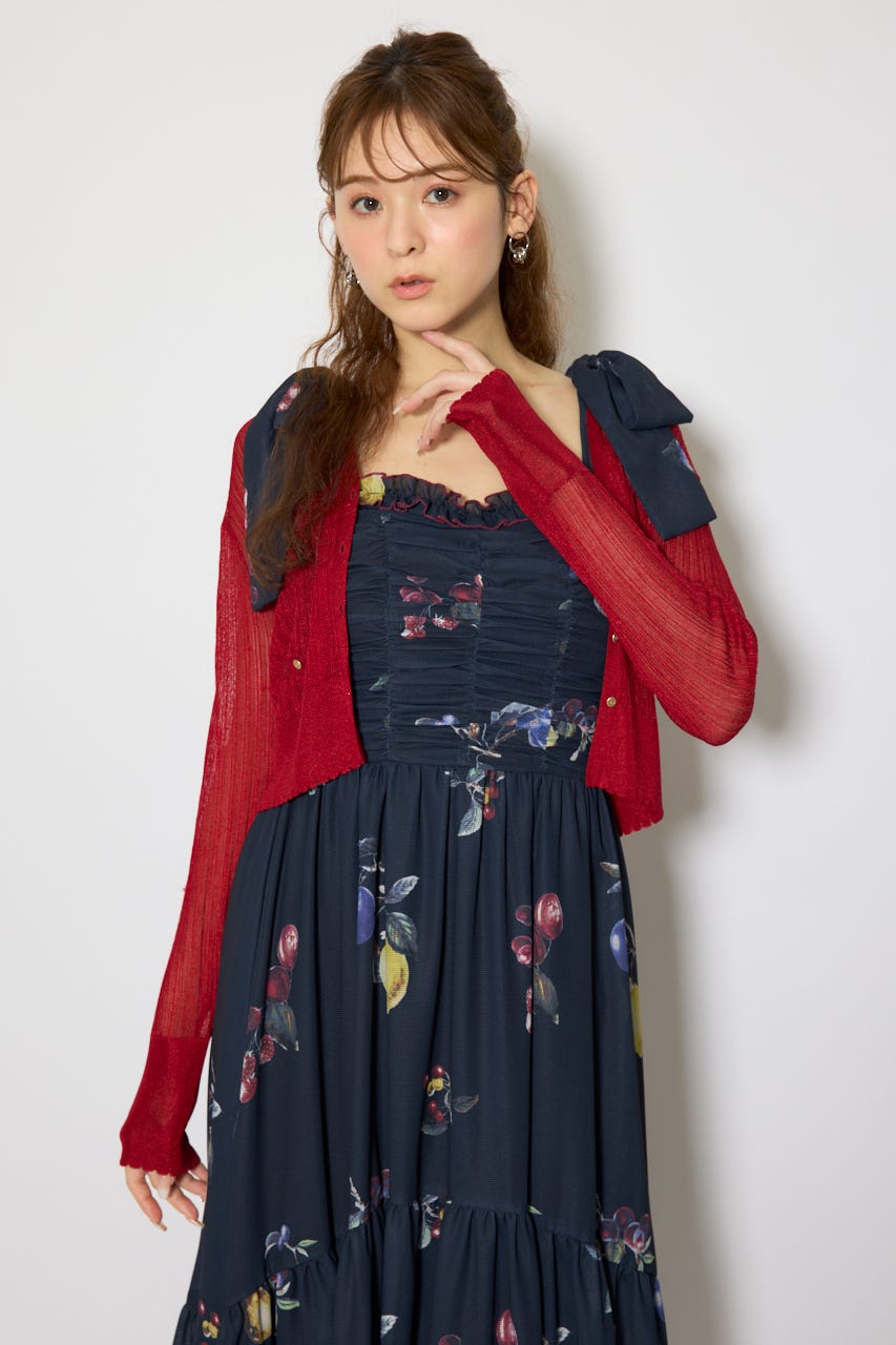 スカラップクロップドニットカーディガン RED FREE