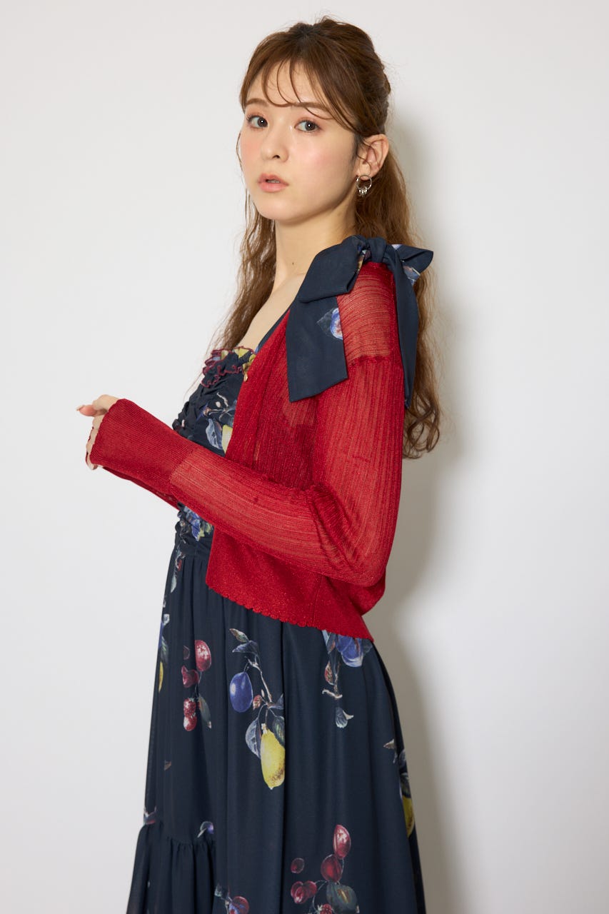 スカラップクロップドニットカーディガン RED FREE