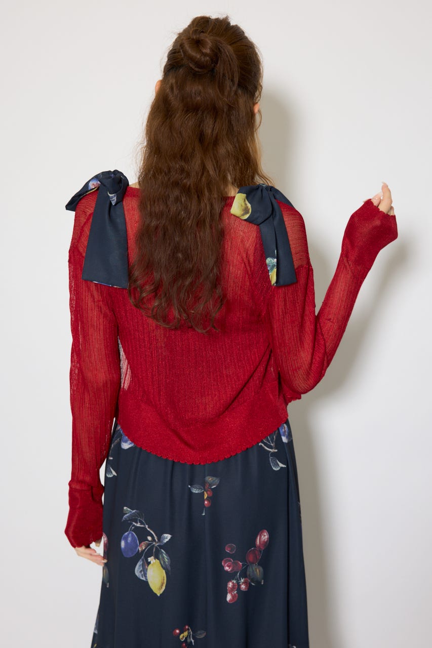 スカラップクロップドニットカーディガン RED FREE