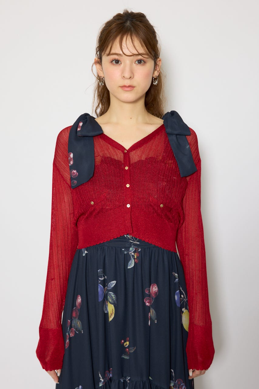 スカラップクロップドニットカーディガン RED FREE