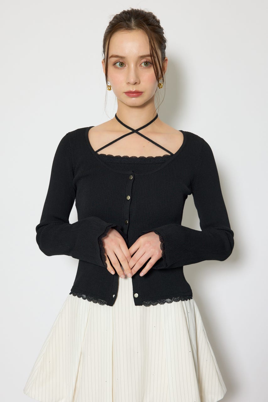 レースディティールニットカーディガンセット BLK FREE